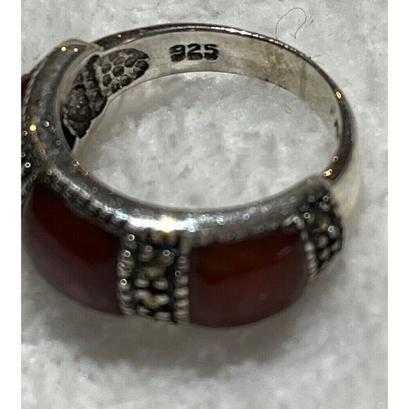 Designer Womens Carnelian Marcasite Sterling Silver Art Deco Style Ring Sz 6.75 - Picture 6 of 8